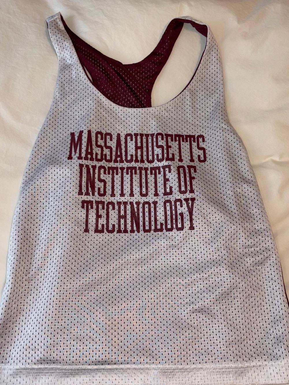League Women's White Mesh Tank with Maroon Lettering